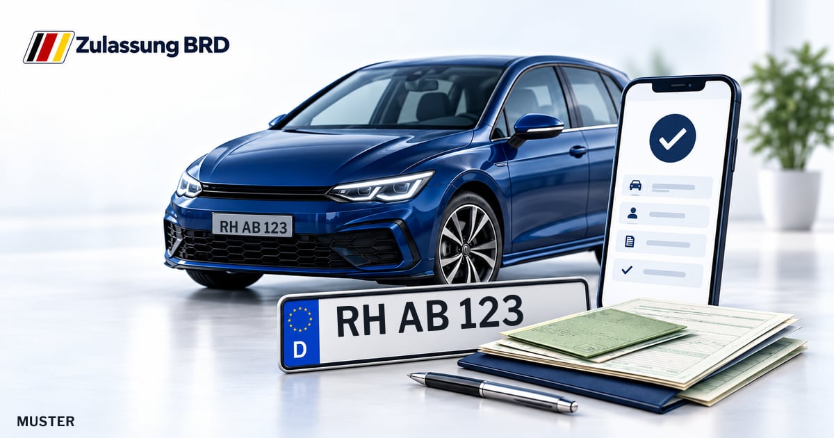 Online Fahrzeugzulassung in Hilpoltstein: Musterkennzeichen RH AB 123, Auto und Fahrzeugpapiere und Smartphone. Illustration mit Logo von Zulassung BRD.